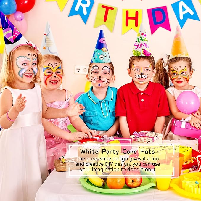 60 Pieces White Party Cone Hats Plain Birthday Paper Cone Hats with Elastic Rope for DIY Craft Birthday Thanksgiving New Year Party Supplies