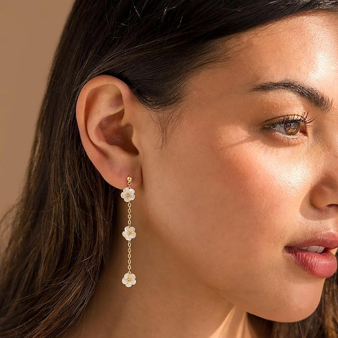 Moodear Gold Dangle Earrings for Women Trendy Dainty 14K Gold Plated Pearl Flower Dangle Drop Stud Chain Earrings Hypoallergenic Long Dangle Earrings for Women Wedding Jewelry Gifts