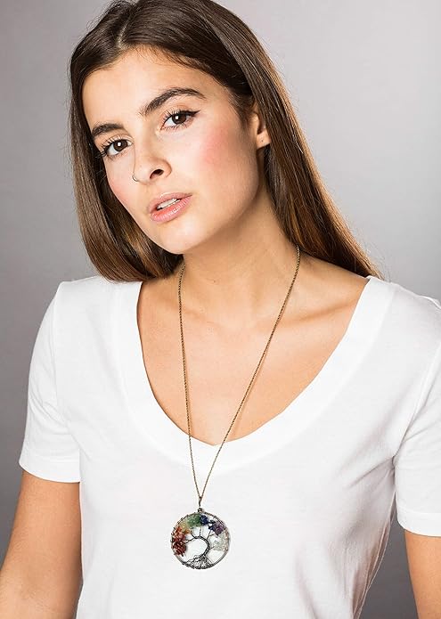 7 Chakra Gemstone Healing Crystals Necklace - Copper Wire Wrapped Natural Unisex Hippie Leather Choker