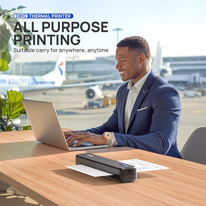 POLONO Portable Printer, D810 Inkless Bluetooth Thermal Printer Wireless for Travel, Compatible with iOS, Android, Laptop, Supports 8.5"x11" US Letter for Office, Car, Home, Black, 1 Pack