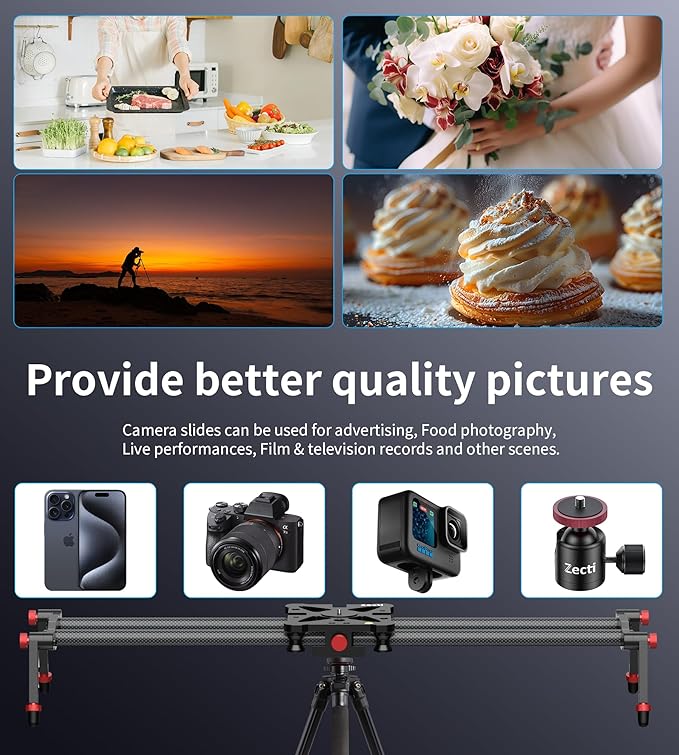 Zecti Camera Slider 24"/60 cm Adjustable Carbon Fiber Camera Dolly Track Slider Video Stabilizer Rail for Camera DSLR Video Movie Photography Camcorder Stabili & Phone, Black