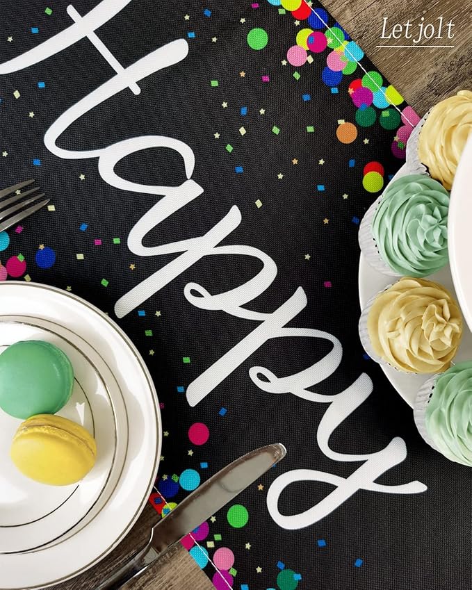 Letjolt Happy Birthday Table Runner 72 Inches Birthday Centerpieces for Tables Birth Day Party Sign Polka Dots Table Decoration, Black
