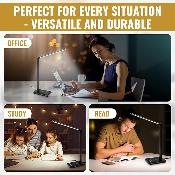 LED Desk Lamp with Wireless Charger – Touch Control Dorm Desk Lamp with USB Charging Station, 3 Color Modes & 5 Brightness Levels, Ideal for Home, Office, Bedroom, Study Area, & College Dorm, Black
