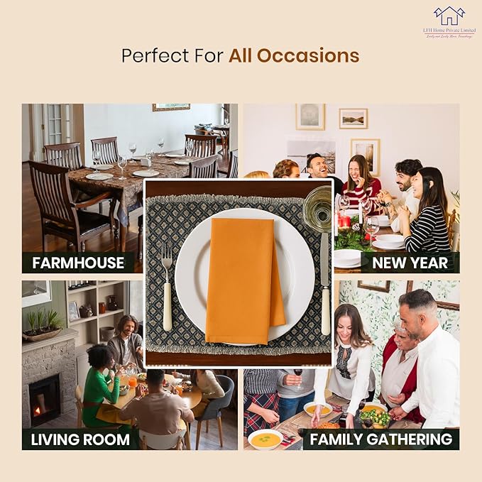 LFH Home Cotton Rich Metered Napkins for Dining Table Set of 12, Elegant Cloth Napkins for Wedding Party or Everyday Use Machine Washable Durable Reusable and Soft for Hosting 18x18 Inch - Mustard