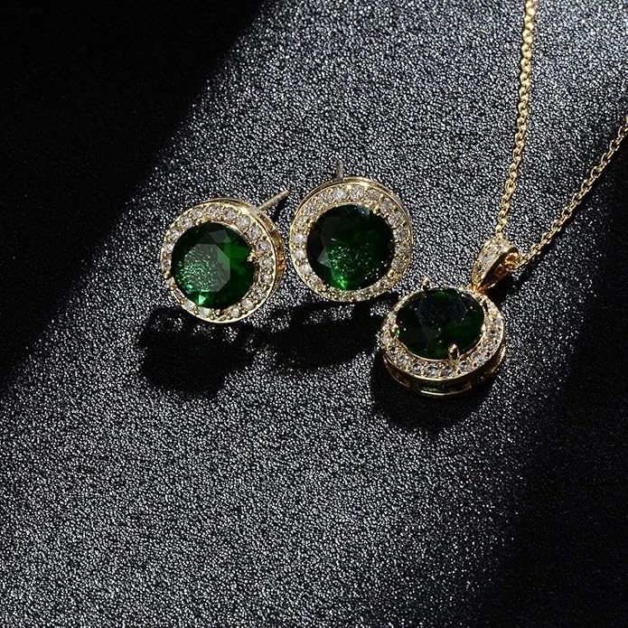 Bridal Crystal Jewelry Set - Sterling Silver Round Cubic Zirconia CZ Rhinestone Halo Birthstone Pendant Necklace Stud Earrings Set for Wedding Bride Bridesmaids Birthday Gift