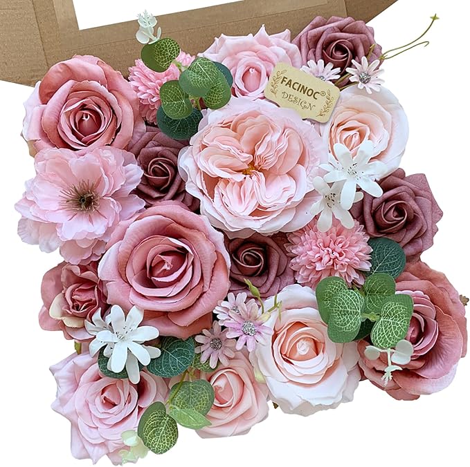 Pink Rose Artificial Flowers Dusty Fake Flower Bulk for DIY Wedding Bouquet Bridal Baby Shower Decorations Party Table Centerpieces Cake Decorating Silk Floral Arrangement Home Decor Indoor