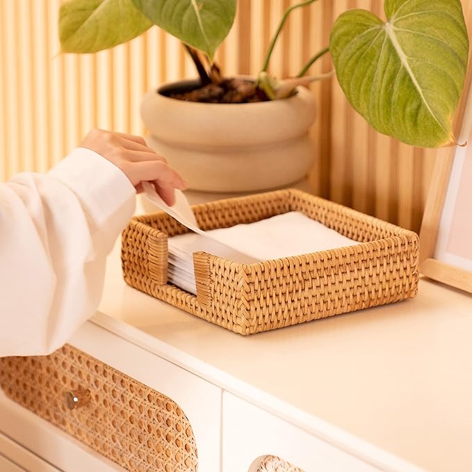 Rattan Napkin Holder Square, Napkin Holders for Paper Napkins, 7.5" x 7.5" x 2.5", Wicker Napkin Tray, Woven Guest Towel Holder for Restaurant/Kitchen/Bathroom Napkin Holder for Table