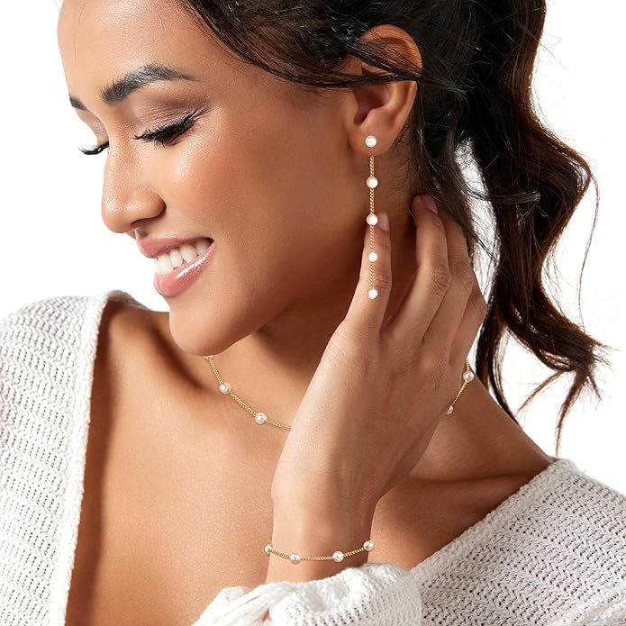 Zeffy Gold Pearl Necklace for Women, Dainty 14K Gold/Silve Plated Layered Pearl Choker Pearl Earrings Pearl Bracelets Wedding Trendy Gold Jewelry Set for Women Gifts