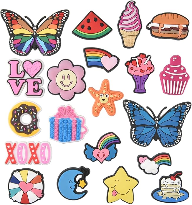 20PCS Cute Shoe Charms for Girls Teens - PVC Flower, Rainbow, Dessert Shoe Clips Decorations for Holely Shoes, Sneakers, Casual Footwear