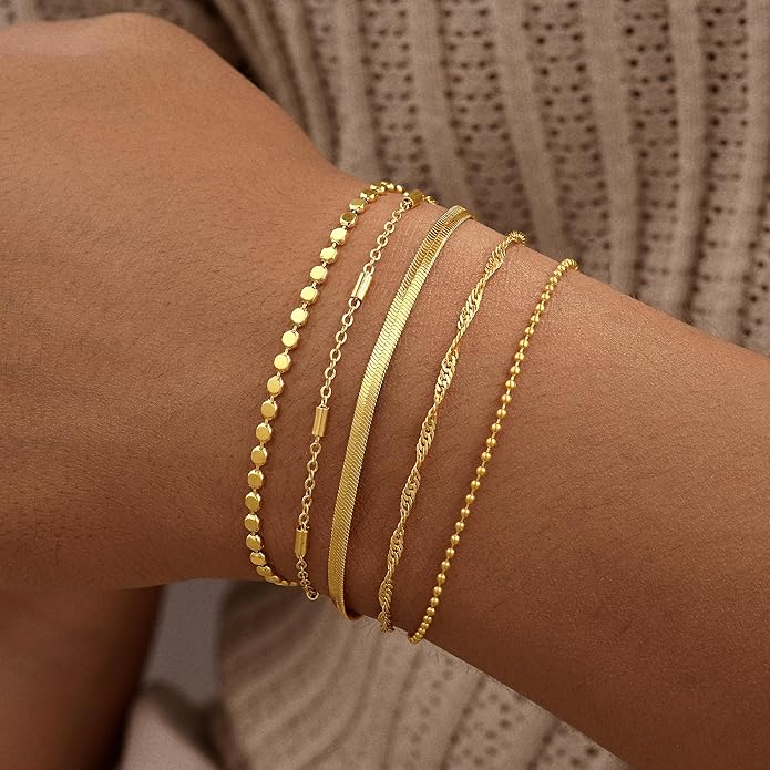 Gold Bracelets for Women, 14K Gold Plated Stackable Bracelet Stack Set Adjustable Charm Paperclip Chain Snake Link Layered Waterproof Jewelry Sets Gifts