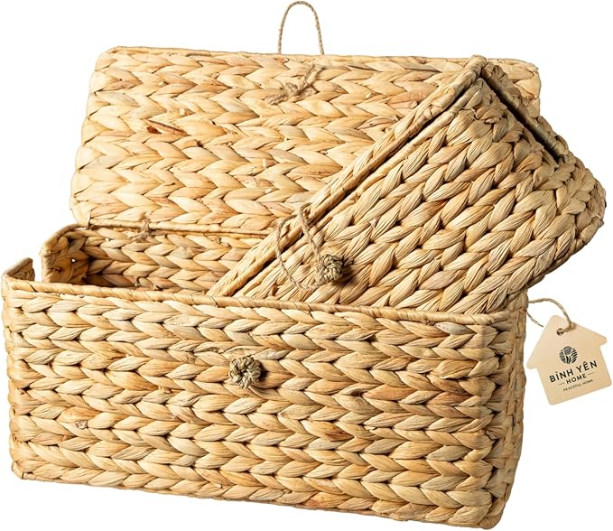 Wicker Cable Management Box with Lid, Set of 2 Handwoven Water Hyacinth Cords Hider Boxes for TV, Computer, Router, USB Hub to Hide Cords & Power Strip for Desk, Floor, Office