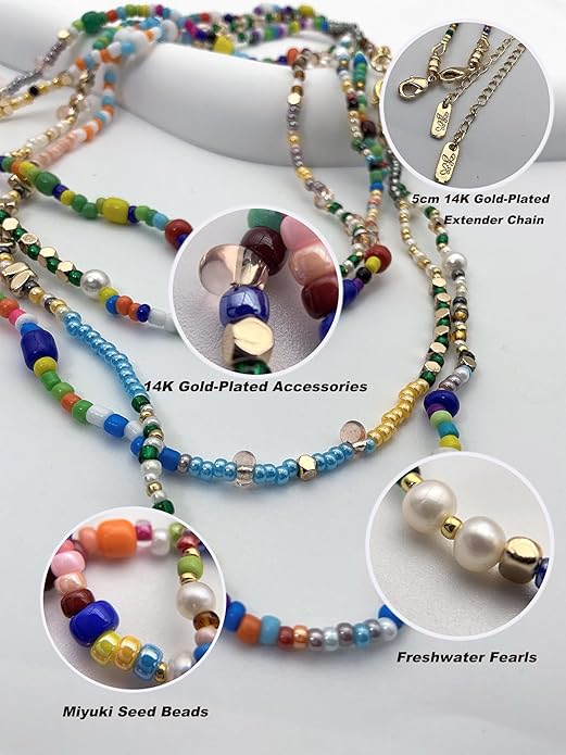 Handmade Bohemian Beaded Necklace for Women - Adjustable Layered Choker with Freshwater Pearls, Multicolor Glass Beads & 14K Gold Plated Stainless Steel, Summer Vacation Jewelry Gift