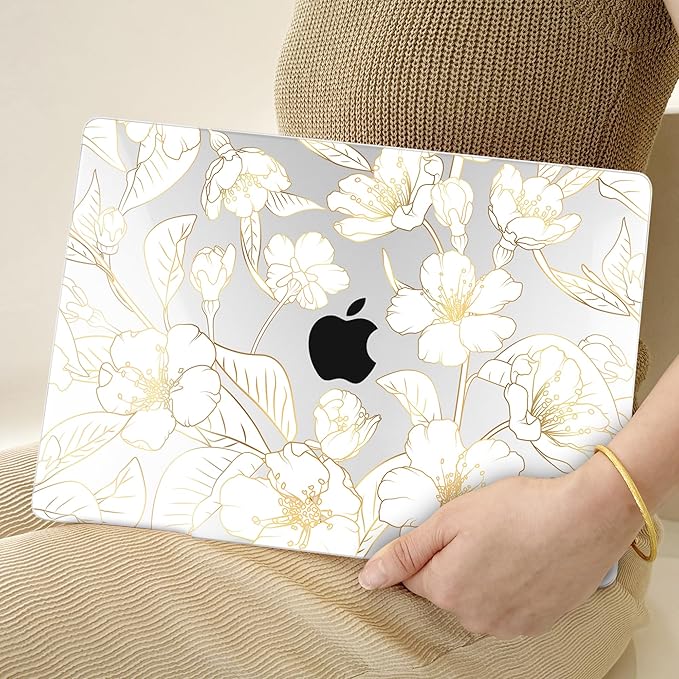 TWOLSKOO Compatible with M4 MacBook Air 15 inch Case 2025-2023 Released Model M4 A3241 M3 A3114 M2 A2941, Plastic Hard Shell & Screen Protector & Keyboard Cover & Type C Adapter, Gold Cherry Blossom