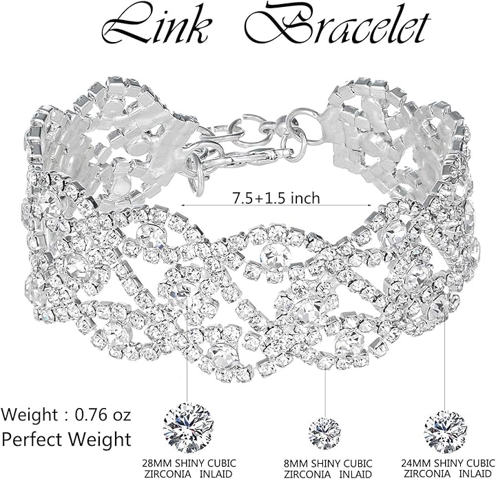 3/4 Pieces Women Jewelry Set Artificial Rhinestone Crystal Bride Statement Choker Necklace Tiara Crown Link Bangle Bracelet Teardrop Dangle Earrings Set
