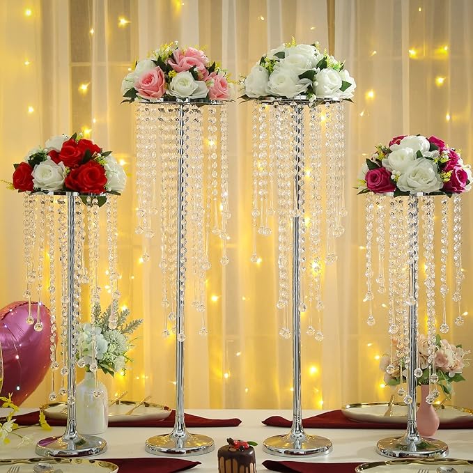 10 Pcs Tall Elegant Wedding Centerpiece Stand, Silver Metal Flower Candle Holder with Chandelier Crystal,for Wedding Party Event Birthday,Valentine's Day Home Décor，29.5in