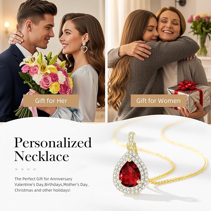 Valentine's Day Gift for Wife/Her-18K Gold Plated Teardrop Birthstone Necklace- with Light-Up Gift Box,Jewelry for Women,Anniversary Birthday Gifts for Women Her Wife Girlfriend Mom,Womens Jewelry