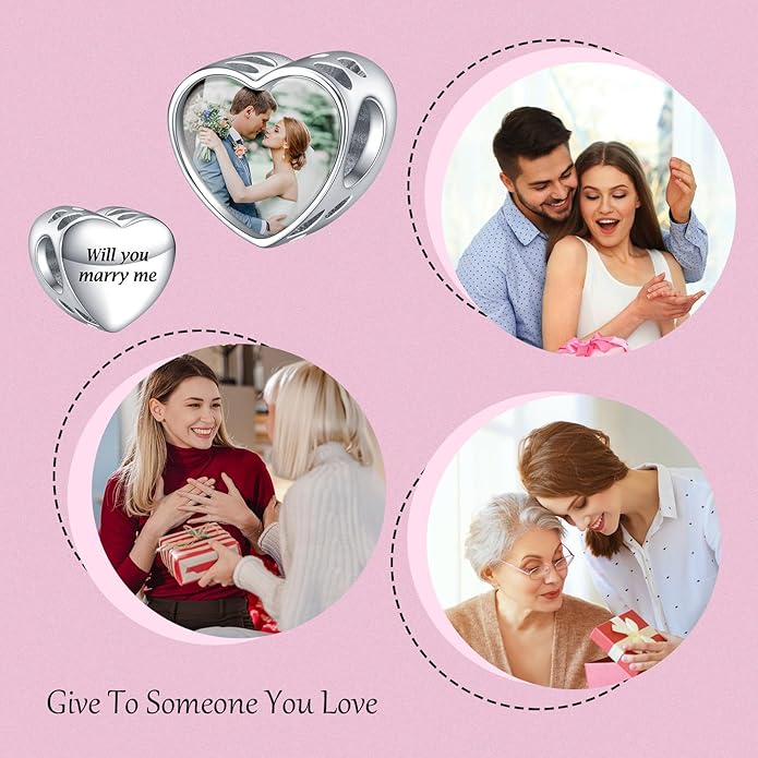 Annmors Personalized Photo Charms For Bracelets/Necklace 925 Sterling Silver Love Heart Shaped Engraved Customize Picture Gift for Birthday Mother's Day,Bead Charms Jewelry for Women