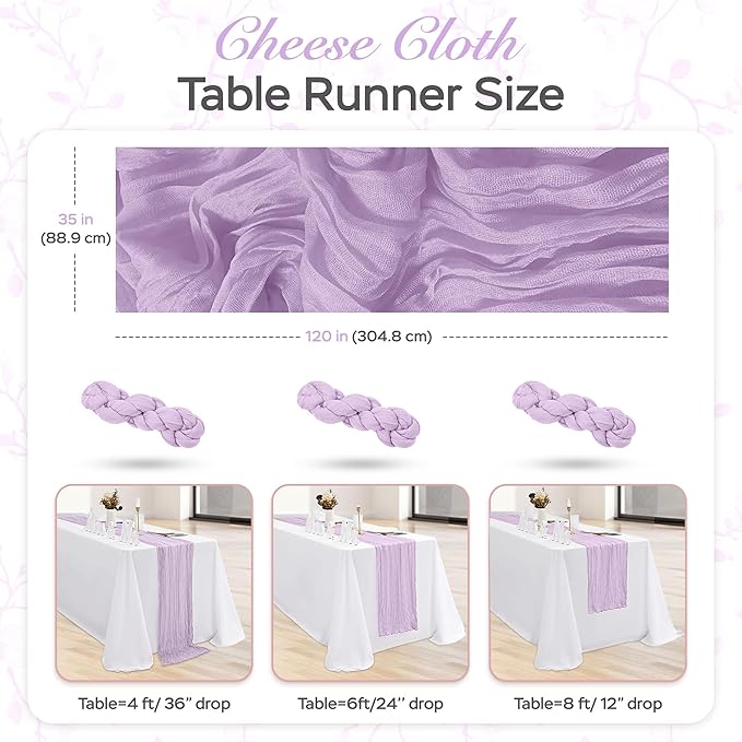 Cheesecloth Table Runner 3 Pack – 35x120 Inch (10ft) Boho Rustic Gauze Cloth Runners – Crinkle Polyester Table Decor for Wedding, Baby Shower, Bridal Shower, Birthday Party and More (Lilac Purple)