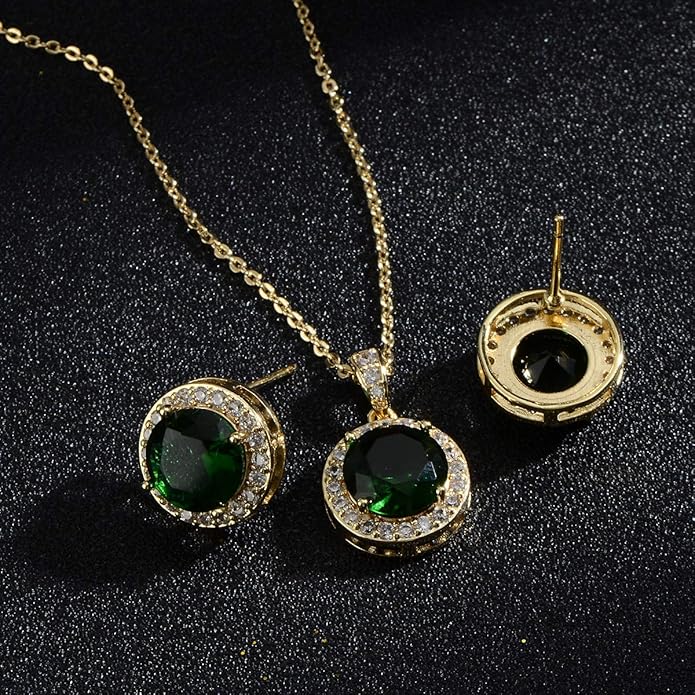 Bridal Crystal Jewelry Set - Sterling Silver Round Cubic Zirconia CZ Rhinestone Halo Birthstone Pendant Necklace Stud Earrings Set for Wedding Bride Bridesmaids Birthday Gift