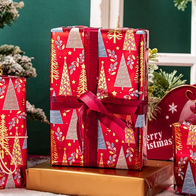 MAYPLUSS Christmas Wrapping Paper Roll - 17IN X 33FT - Christmas Gift Wrapping Paper Featuring Triangle Tree Against Red Reversible Gold for Kids, Holiday, New Year