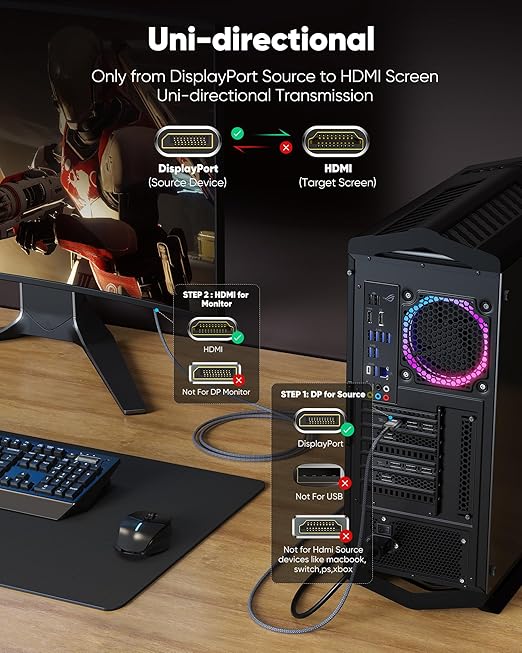 Highwings 4K DisplayPort to HDMI, 10ft Uni-Directional DP (Source) to HDMI (Display) 1.4 Cable, 4K@30Hz, 2K@60Hz, 1080P Full HD, Braided Cord for Dell, NVIDIA, AMD, Monitor, Projector (Grey)