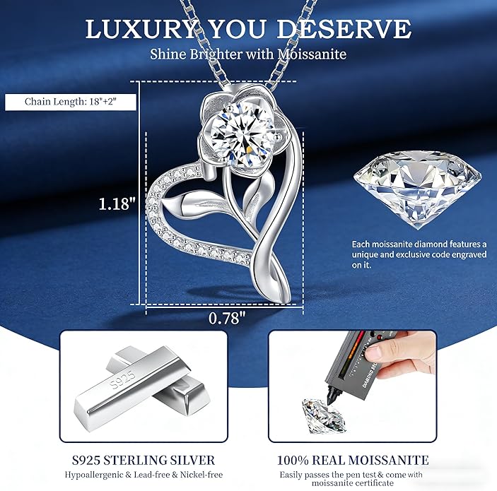 Gorgeous Moissanite Necklaces for Women - Valentine's Day Gifts for Wife Girlfriend, 925 Sterling Silver 1-3CT Moissanite Pendant Jewelry, Wedding Anniversary Birthday Christmas for Mom