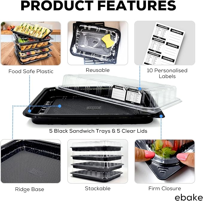 5 Pack Catering Trays with Lids – 17" Serving Tray with Lid, Heavy Duty Recyclable Plastic Party Platters for Catering, Buffet, Picnics & Events – Food Trays with Clear Lid (17.72 x 12.20 x 2.95 inch)