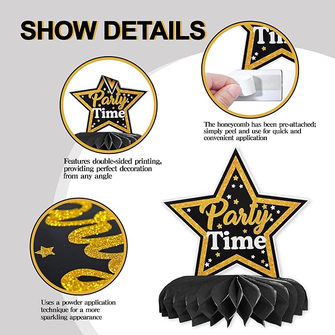 12 Pcs Birthday Table Decorations Glitter Black and Gold Birthday Decorations Honeycomb Centerpieces for Table Decor Girls Boys Women Men Party Supplies