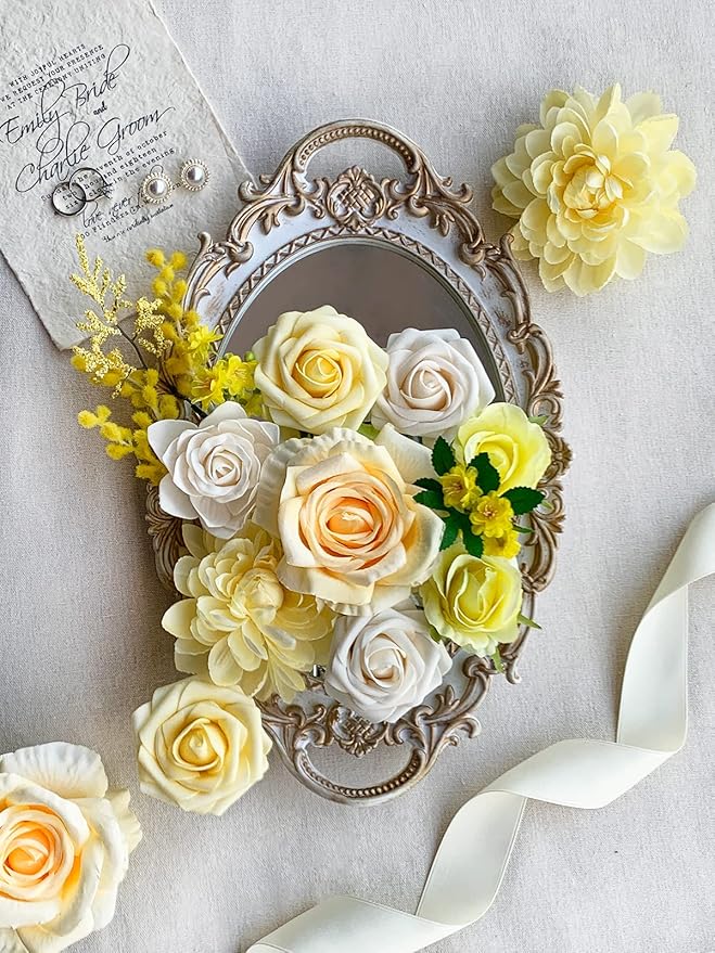 Roses Artificial Flowers Yellow Combo Box Set Fake Flower Bulk for DIY Bouquet Wedding Centerpieces for Table Bridal Baby Shower Party Decorations Silk Floral Arrangements Home Decor Indoor