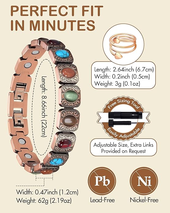 Feraco Pure Copper Bracelets & Rings for Women, Ultra Strength Magnetic Bracelet with 3800 Gauss Magnets & Natural Turquoise & Stones, Adjustable, Jewelry Gift