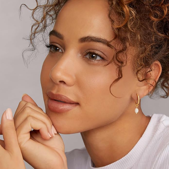 Gold Pearl Dangle Earrings for Women, 14K Gold Plated Small Pearl Drop Huggie Hoop Earrings, Hypoallergenic Dainty Gold Earrings Wedding Jewelry Gifts for Women Trendy
