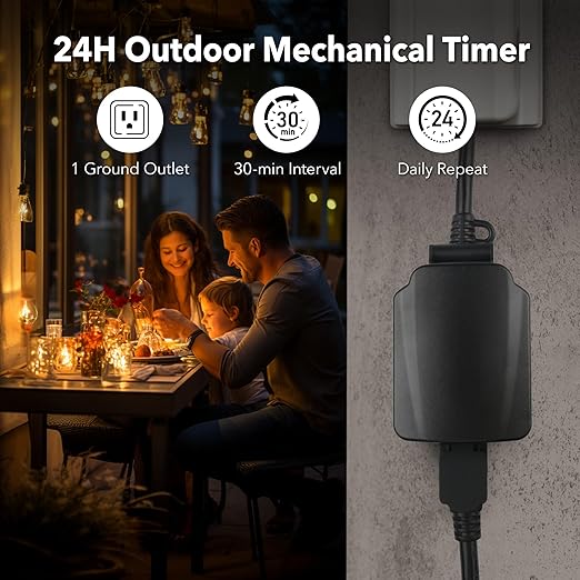BN-LINK 24-Hour Mechanical Outdoor Light Timer, Waterproof, Heavy Duty, 15A 1/2HP, 1 Grounded Timer Outlet for Home and Garden,ETL Listed,2 Pack