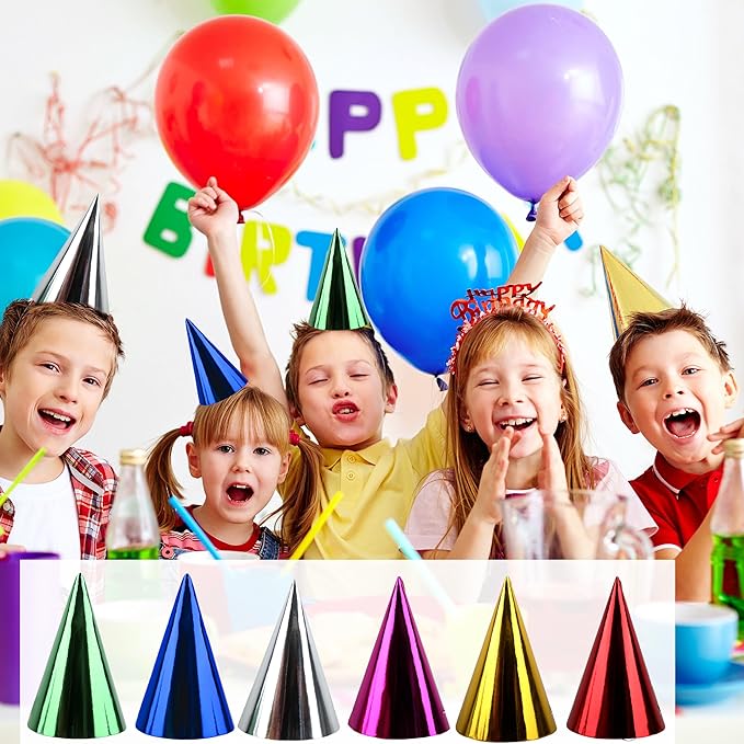 60 Pieces Paper Cone Party Hats Colorful Metallic Foil Birthday Cone Hats for Kids Adults Birthday New Year Party Supplies, 6 Colors