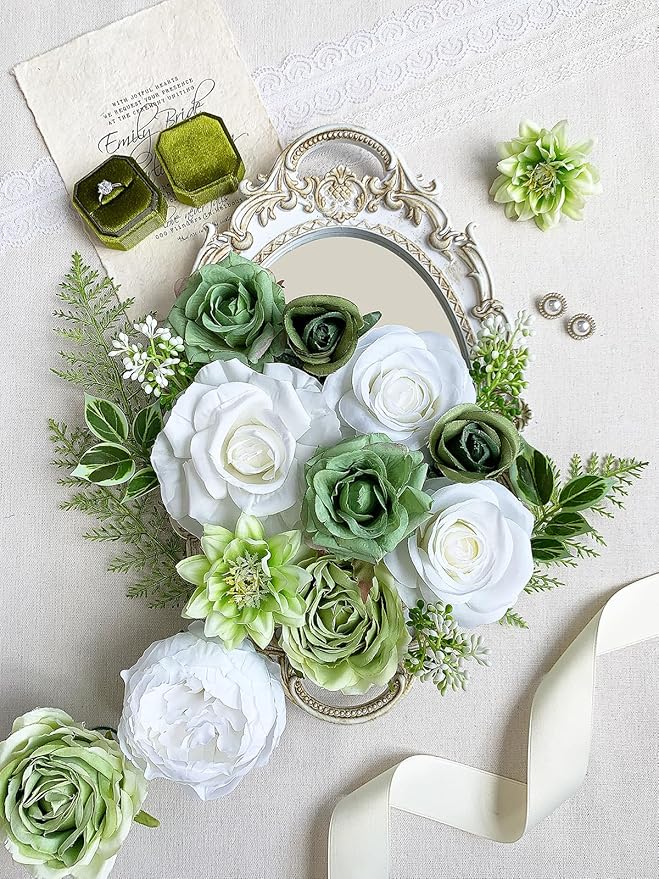 Rose Artificial Flowers White Fake Flower Bulk for DIY Wedding Bouquet Bridal Baby Shower Decorations Party Table Centerpieces Cake Decorating Silk Floral Arrangement Home Decor Indoor Green