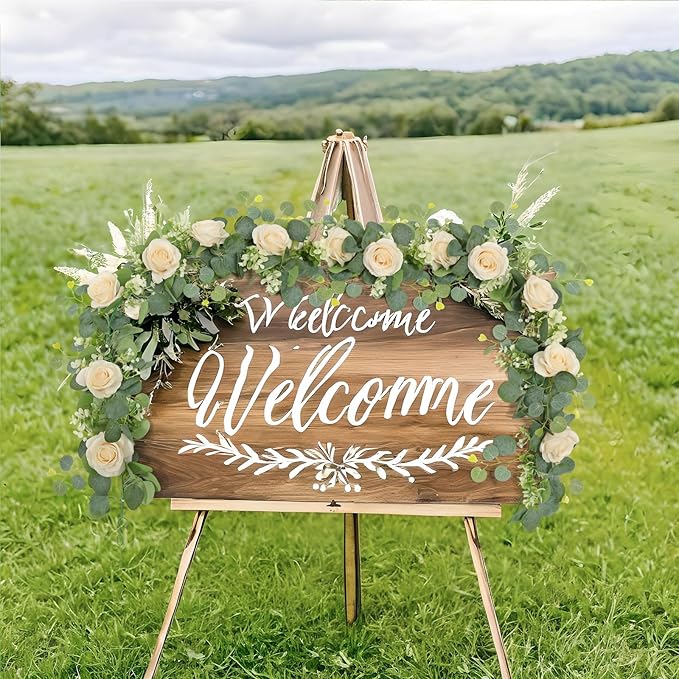 TOCHGREEN 2Pcs(13 Ft) Artificial Eucalyptus Flower Garland with Champagne Rose Flowers,Faux Rose Vine Gypsophila,Floral Greenery for Home Wedding Table Decor (Champagne, 2PCS)