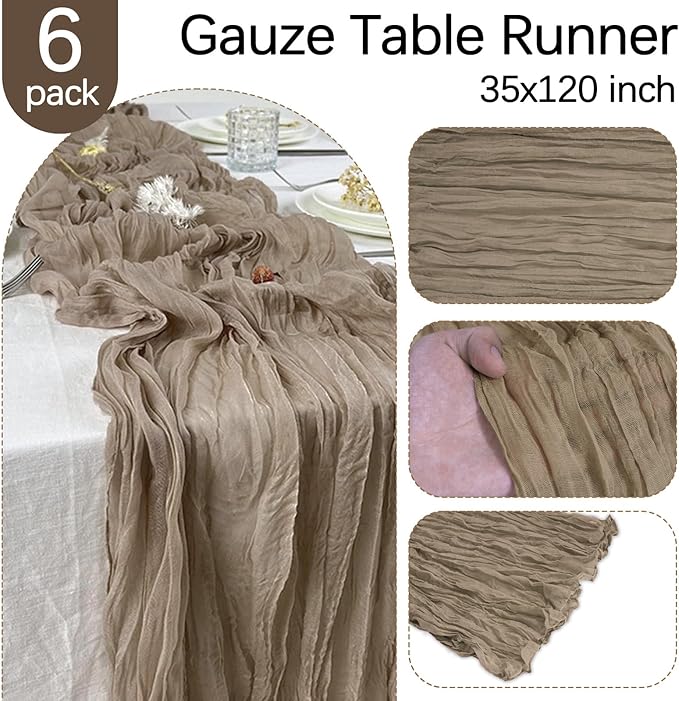 6 Pack Nude Brown Cheesecloth Table Runner 10FT Boho Gauze Fabric Table Runner 35 x 120 Inch Rustic for Fall Thanksgiving Wedding Decor Baby Shower Party Boho Holiday Decoration