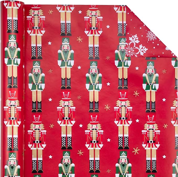 WRAPAHOLIC 30 Inch Jumbo Reversible Nutcracker Christmas Wrapping Paper - 30 Inch x 33 Feet - Red Nutcracker and Snowflake Wrapping Paper for Christmas, Holiday, Party