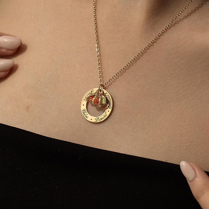 Birthstone Necklace for Mom Jewelry for Women Grandma Necklace Personalized Mothers Day gifs Necklace with 2 Children Kids Names -CIR-BSN