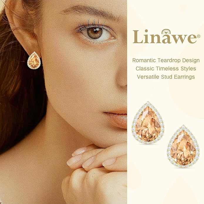 Linawe Women Stud Earrings, Teardrop Diamond Moissanite Cubic Zirconia Earrings Studs Rhinestone Jewelry Gold/Silver/Rose Gold