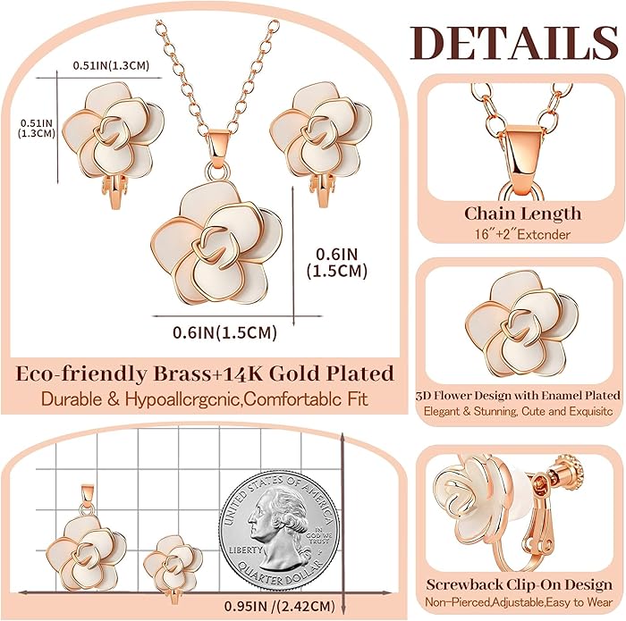 Dainty Rose Flower Pendant Necklace Clip On Earrings Set for Women 14K Gold Plated Hypoallergenic Jewelry Sets