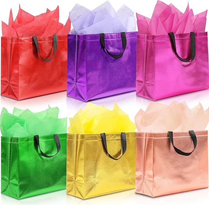 KeerxunBag 12Pcs Reusable Gift Bags（Includes Tissue Paper） Gift bag with handle Birthdays Parties Holidays Weddings Medium 13x5x11in colorful Gift Bags