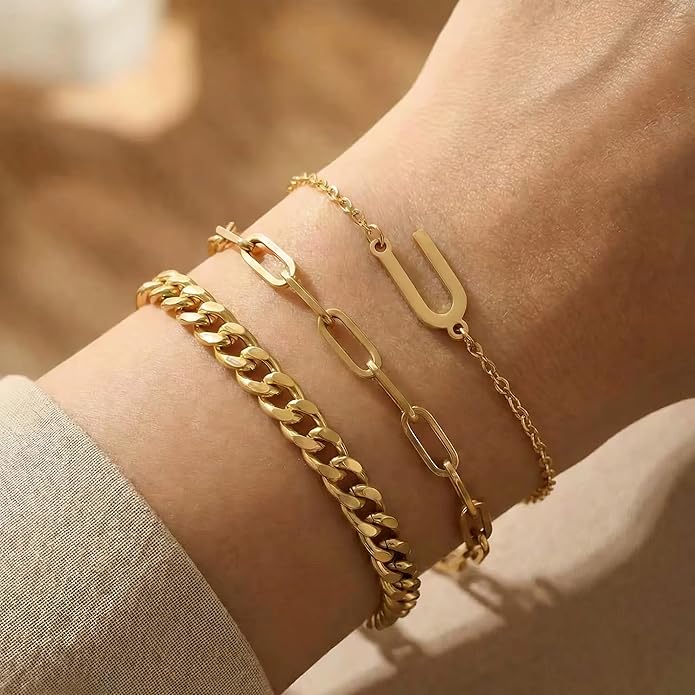 14K Gold Plated Bracelets for Women, A–Z Initial Charm Bangles Jewelry Set, Elegant Gold Accessories, Friendship Bracelet Gifts for Mom