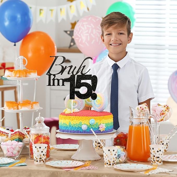 Bruh I'm 15 Cake Topper - Black Glitter Happy 15th Birthday Decorations for Boys Teens, Funny 15 Year Old Party Supplies, Bro I'm 15 Cake Decor (Bruh I'm 15！, 15th black)