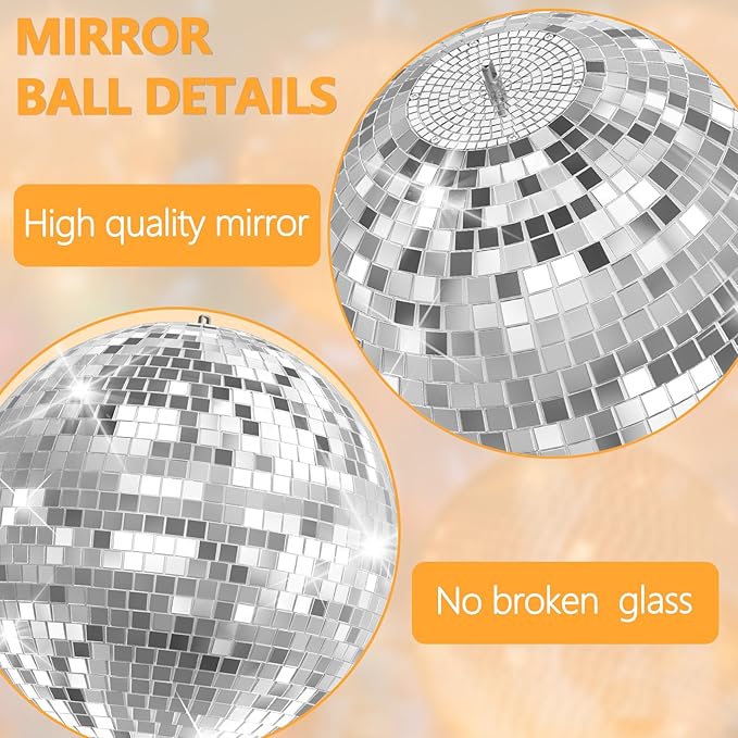 12-Inch Mirror Disco Ball with Hanging Ring, Disco Party Decorations for DJ Club Stage Wedding Birthday Christmas New Years