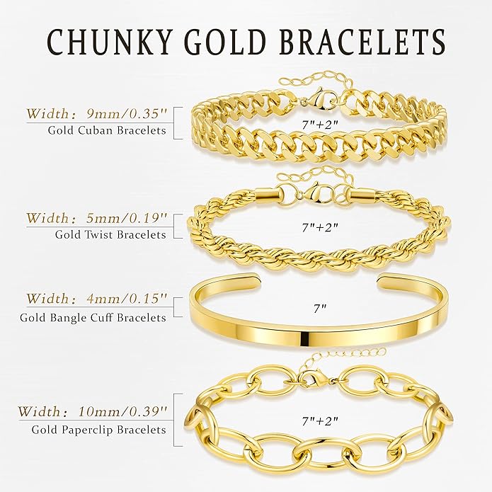 Chunky Gold Bracelets Stack for Women Non Tarnish, Waterproof 14K Gold Plated Bangle Cuff Bracelets Set for Women Trendy Thick Layered Cuban Link Chain Paperclip Rope Stackable Bracelet for Jewelry Gifts