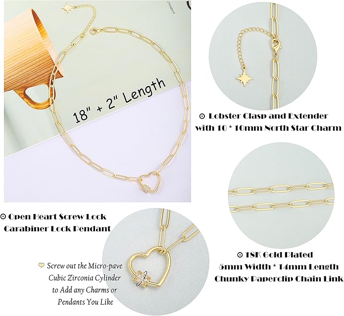 Aobei Pearl 18K Gold Plated Moon Star Lion Evil Eye Love Heart Cross Pendant Necklace Medallion Paperclip Chian Choker Layering Jewery for Women