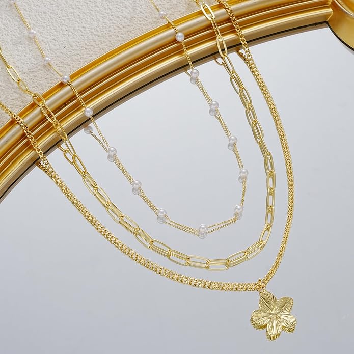YEEZII Layered Gold Necklaces for Women Trendy, 3 Pcs 14K Gold Plated Choker Paperclip Box Chain Necklace, Stackable Women's Gold Pendant Necklaces Jewelry Set