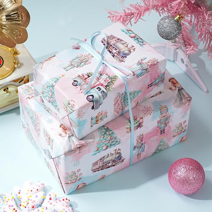 PlandRichW Nutcracker Christmas Wrapping Paper - Sweet Pastel Nutcracker Scene with Trees, Train & Angels - 40×28 Inch Xmas Gift Wrap, 4 Folded Sheets for Kids & Adults