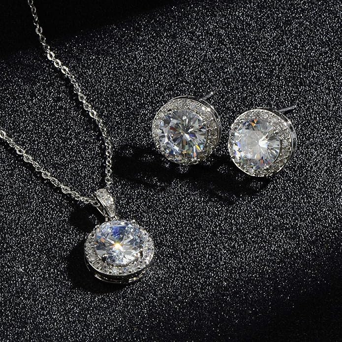 Bridal Crystal Jewelry Set - Sterling Silver Round Cubic Zirconia CZ Rhinestone Halo Birthstone Pendant Necklace Stud Earrings Set for Wedding Bride Bridesmaids Birthday Gift
