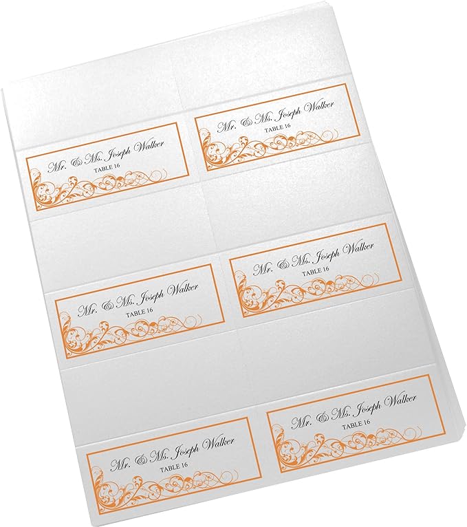 Scribble Vintage Swirl Printable Place Cards, Orange (Choose Color), Set of 60 (10 Sheets), Laser & Inkjet Printers - Wedding, Party, Dinner, and Special Events - Made in the USA